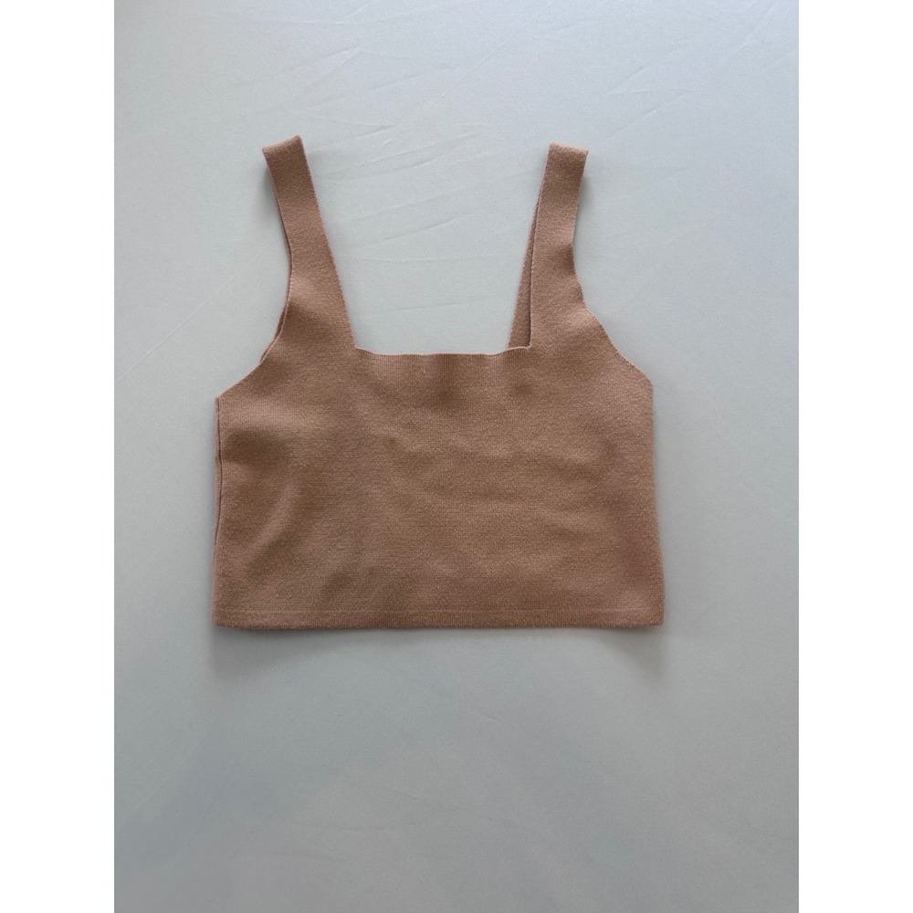 Zara Knit Crop Top Women Large Tan Square Neck Sleeveless Minimalist 7901/430